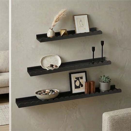 American Art Decor Matte Black Scallop Wood Floating Wall Shelf Set